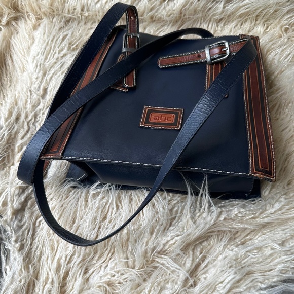 VINTAGE 90's abc double handle genuine Leather Blue/Brown Shoulder Bag. - Picture 1 of 16